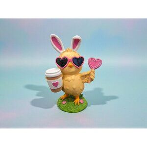 New Yellow Easter Chick Bird Holding A Coffe W/ Heart Sunglasses Figurine Decor